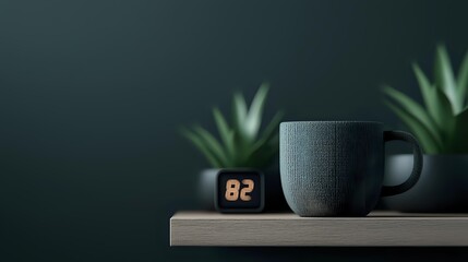 Minimalist dark green composition with gray ceramic coffee mug, digital clock showing 82 degrees and decorative plants on wooden shelf against moody wall.