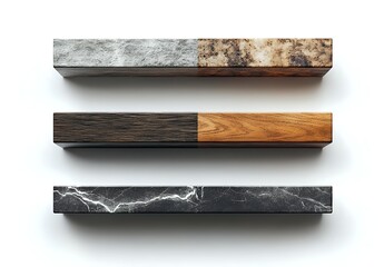 Fototapeta premium Three horizontal bars showcasing different material transitions: rusty metal to concrete, dark wood to light wood, and black marble with white veining, isolated on white background.
