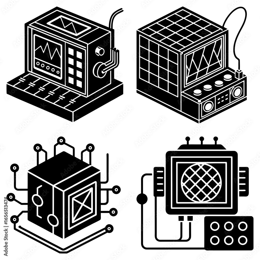 Aufkleber isometric vector illustration of four futuristic devices with screens and various controls and conne