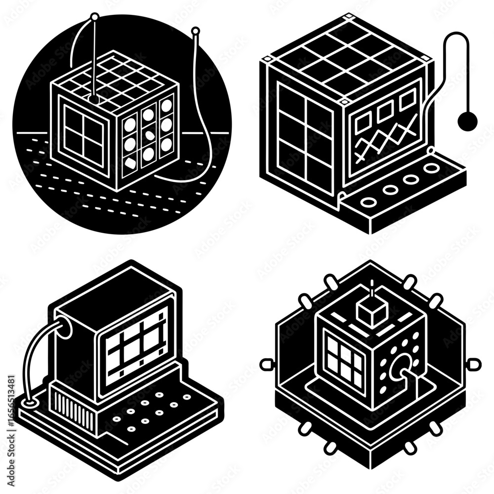 Aufkleber isometric illustration featuring four distinct black and white cube shaped computer like devices on 