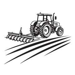 Naklejka premium A black and white illustration of a tractor plowing a field, symbolizing agricultural work and rural life, isolated on a white background