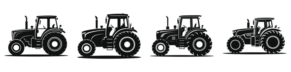 Set of Four Black Silhouette Tractors with Different Designs, Agricultural Farming Vehicles Vector Illustration for Farming, Agriculture, and Rural Work Equipment