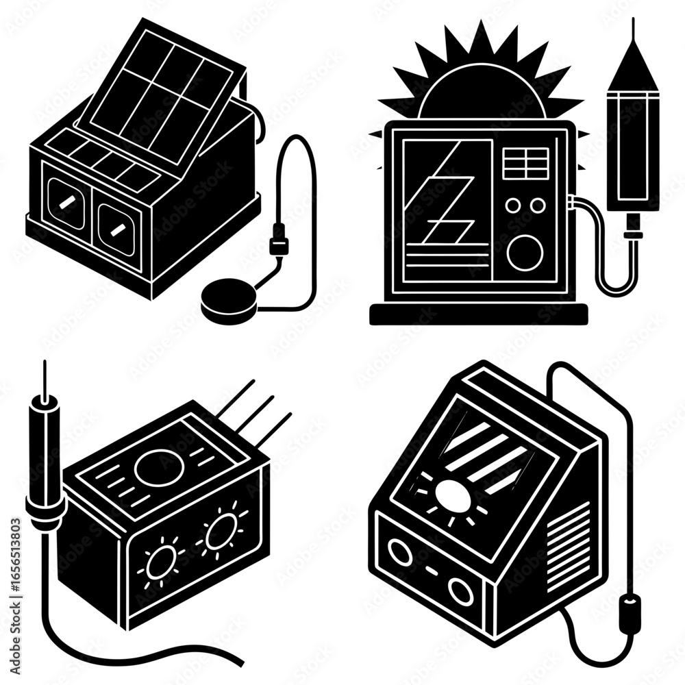 Poster illustration of four different black and white electronic devices with various shapes and functions 