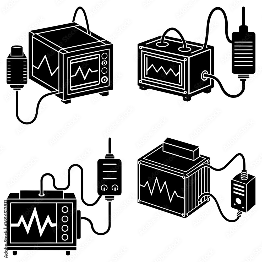 Poster illustration of four medical monitoring devices displaying heart rate waveforms and connected to iv 