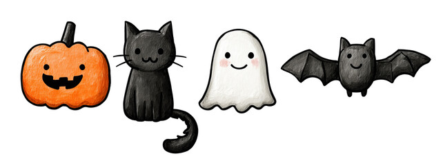 halloween icon set with pumpkin black cat ghost and bat