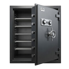 An open security safe with multiple shelves, showcasing its interior and the locking mechanism on the door, isolated on a transparent background