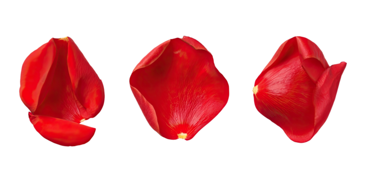 Three vibrant red rose petals isolated on black