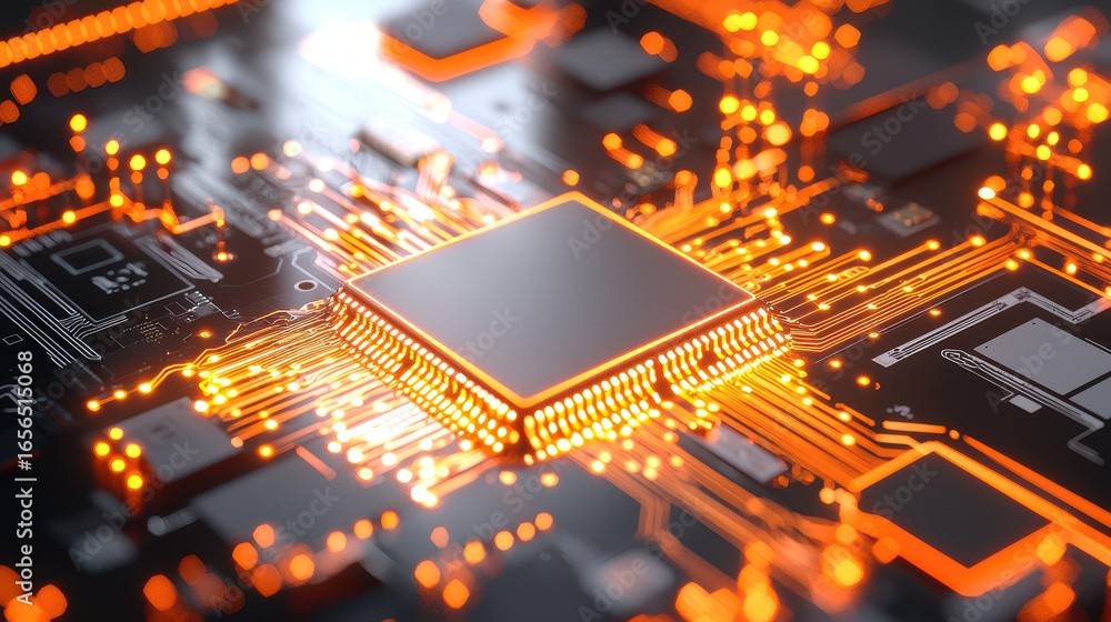 Poster close up view of circuit board featuring central processing unit with glowing orange connections, sh