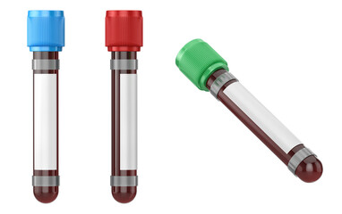 Blood collection test tubes filled with dark fluid. Medical industry, diagnostic laboratories, clinical testing applications. Healthcare, research, blood donation, commercial laboratory equipment, 3D