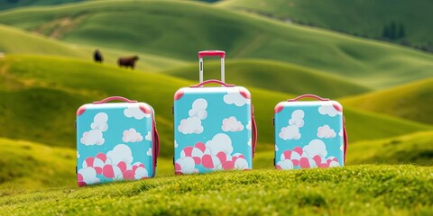 Three whimsical cloud-patterned suitcases sit amidst a rolling green landscape,  nature,  freedom