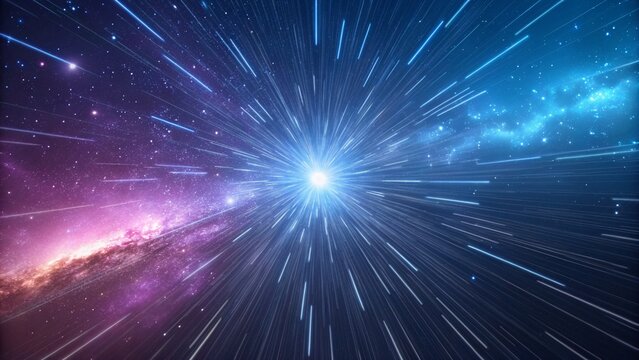 Abstract hyperspace jump with light speed effect and galaxy background