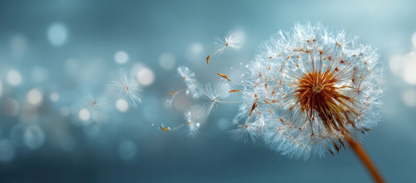 A dandelion seed head floats in the breeze, with bokeh background - Powered by Adobe