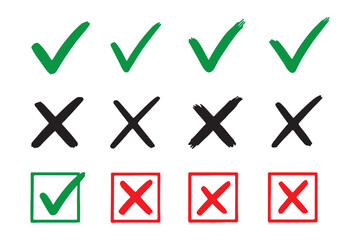 Check marks doodle set. Vote, yes, no, checkbox, checklist, tick and cross signs, v and x drawn concept. Hand drawn doodle sketch style vector illustration