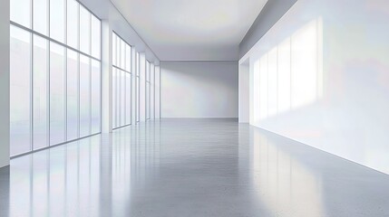 Obraz premium Modern Empty Room with Large Windows and Reflective Floor, Bright Interior Design, Minimalist Architecture
