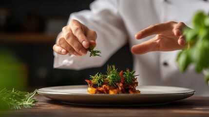 Chef Garnish a Dish with Fresh Herbs