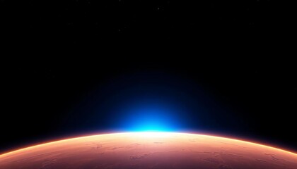 Widescreen vector illustration of a vibrant blue light rising above a planet's horizon, glowing brightly against a dark background,  night sky,  glow