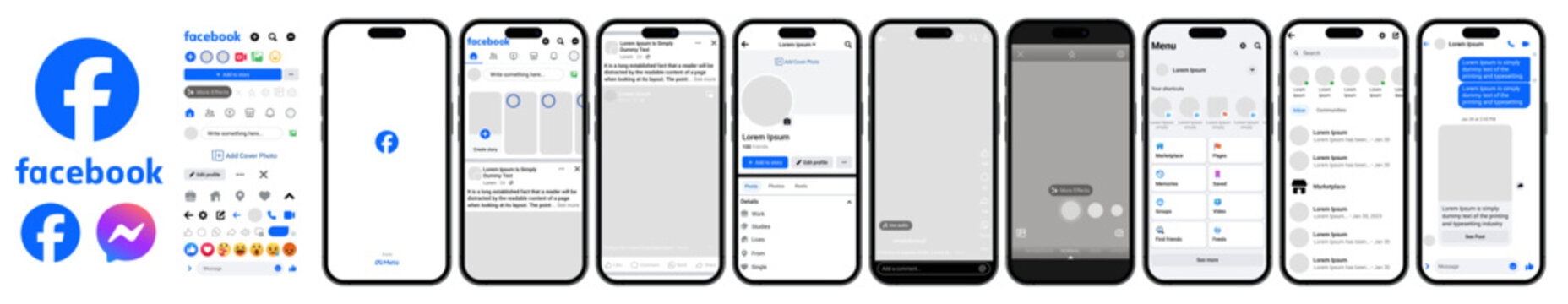 Facebook mobile App interface template 2025. Facebook UI mockup Light Theme, Editorial illustration.	