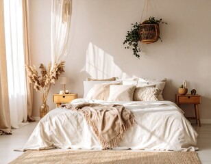 Sunlit bedroom with beige bedding, neutral decor, and natural elements