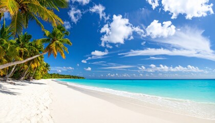 Idyllic tropical beach scene with turquoise water, white sand and swaying palm trees