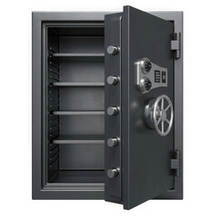 Open steel security safe with digital lock and handle, showing empty shelves inside, symbolizing protection and storage of valuables isolated on transparent background