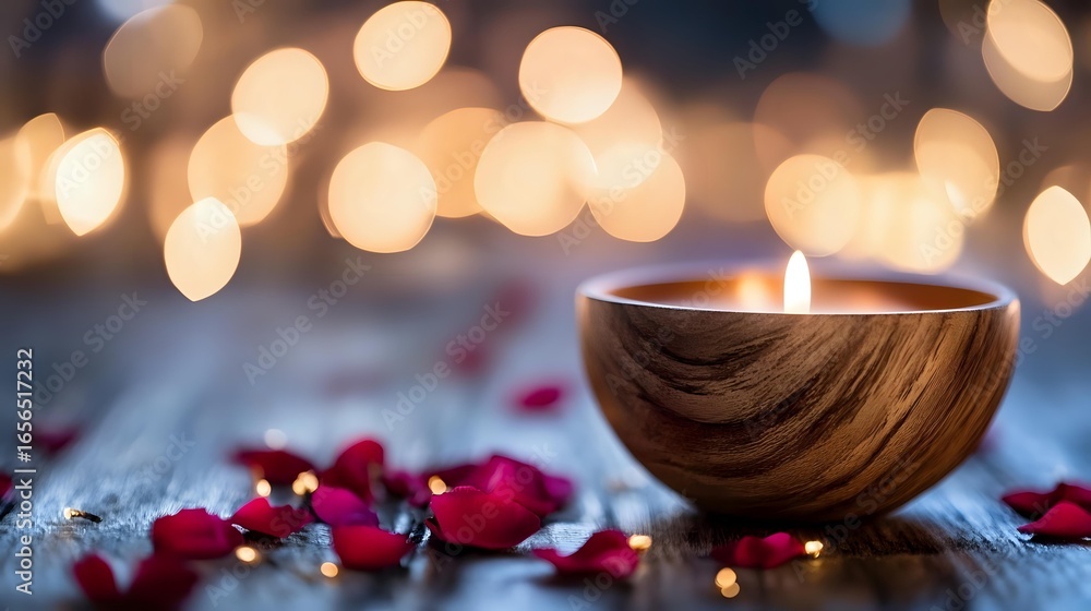 Poster glowing wooden bowl candle surrounded by red rose petals on rustic table with soft bokeh lights crea