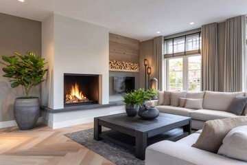 Fototapeta premium Modern living room with burning fireplace and stylish furniture