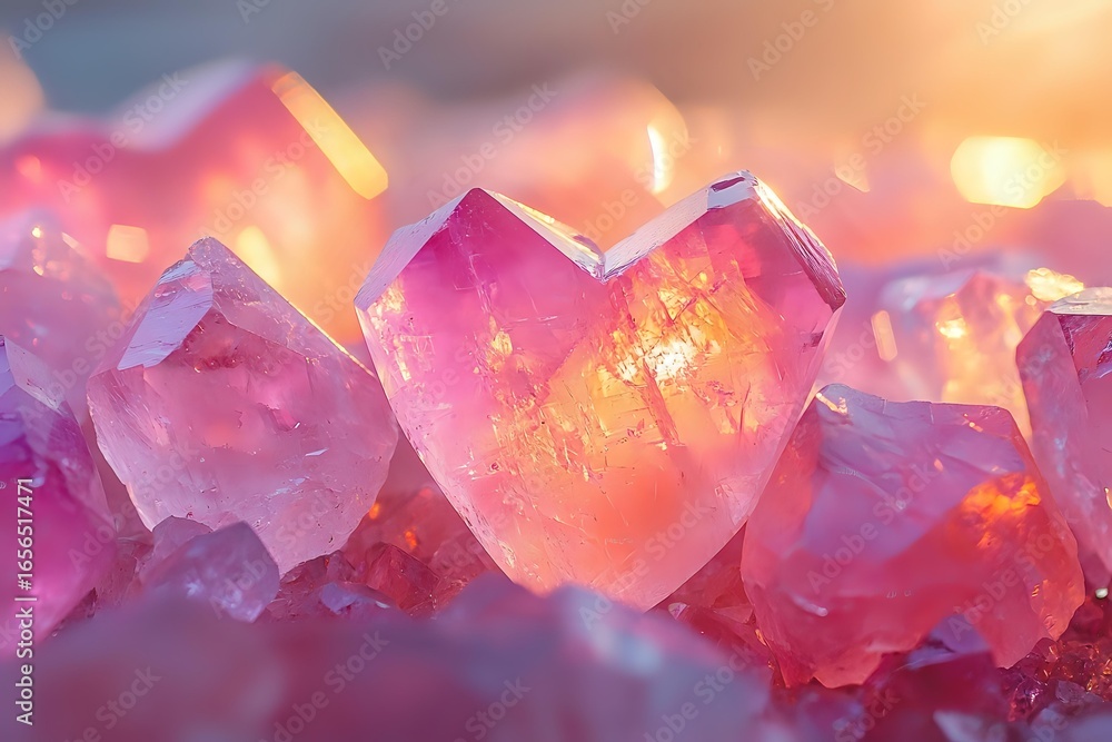 Poster pink heart shaped crystal formation with glowing warm light and bokeh effect, natural mineral struct