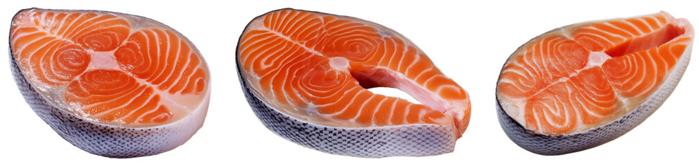 Single Raw Salmon Steak Set isolated on a white background
