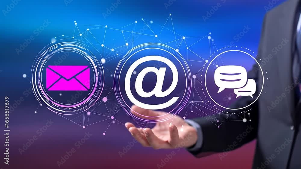 Poster business professional displaying communication icons representing digital messaging platforms online
