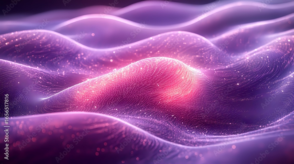 Aufkleber abstract purple and pink glowing waves with particles creating dynamic flowing landscape. futuristic