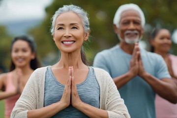 Group of senior people practicing yoga outdoors in a park