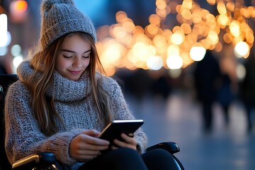 Young woman in warm winter clothing using smartphone outdoors at night with festive bokeh lights in background, expressing joy while messaging.
