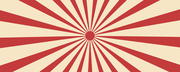 Red sunburst lines on yellow Background. Light sun rays pattern. Vintage stripes halftone radial wallpaper for poster, banner, advertising backdrop, comic or circus scene.