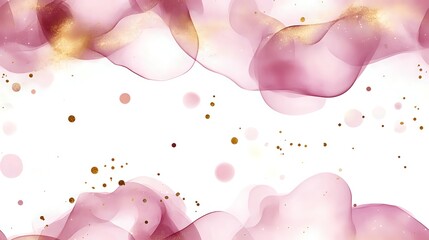 Delicate pink watercolor shapes with gold glitter accents flow across white background creating dreamy abstract pattern for wedding stationery and romantic designs.