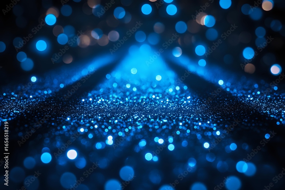 Poster abstract blue glowing particles and bokeh lights on dark background creating magical atmosphere with