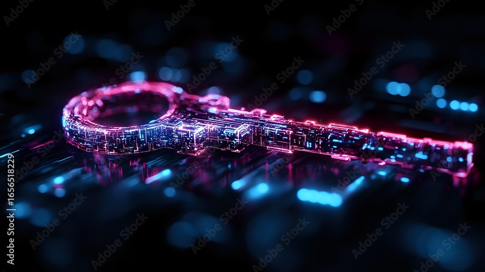 Poster glowing digital key with cybersecurity concept on computer keyboard background, illuminated in neon 
