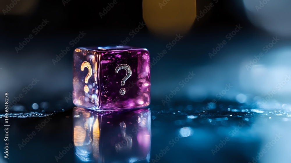 Aufkleber purple transparent dice with question mark symbol on wet reflective surface against dark background 