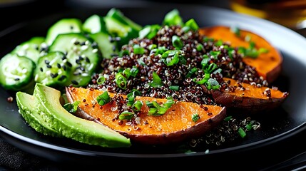 Roasted sweet potato halves topped with black quinoa and green onions served with fresh cucumber slices and avocado on dark plate, healthy vegan meal.
