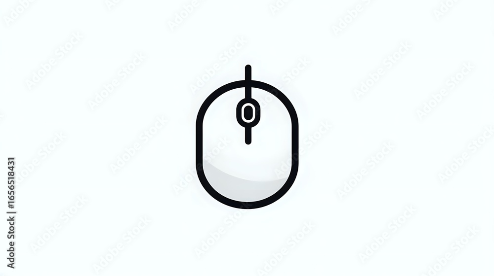 Poster simple black computer mouse icon with minimalist line design on white background, isolated graphic e