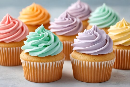 Delicious pastel colored cupcakes with frosting swirls creating a vibrant arrangement