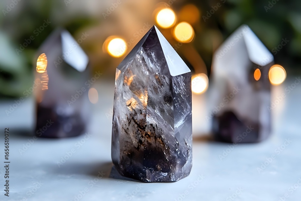 Poster smoky quartz crystal points with natural inclusions on light background, bokeh lights creating mysti