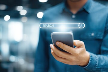 Man using a smartphone with a search bar overlay