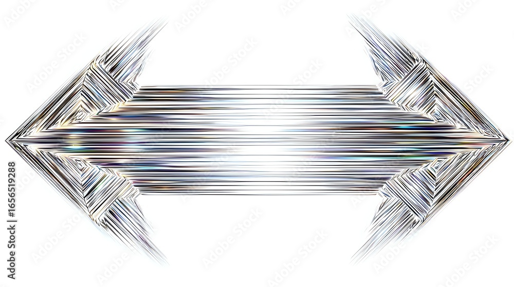 Poster metallic chrome double arrow with dynamic motion blur effect and prismatic light reflections on whit