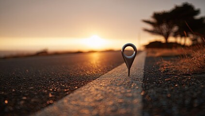 A metallic map pin on a road at sunset