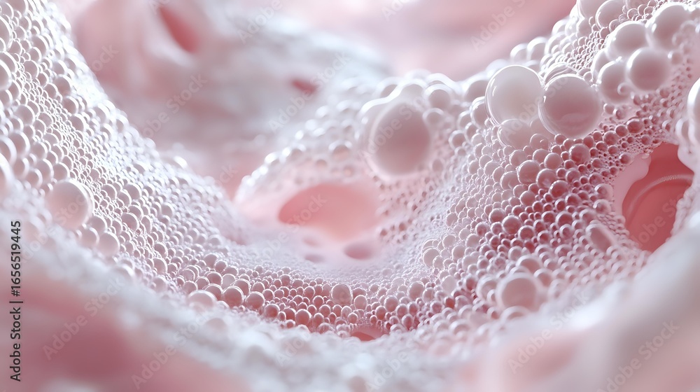 Poster macro view of pink soap foam bubbles with delicate lace-like texture and soft dreamy bokeh effect cr