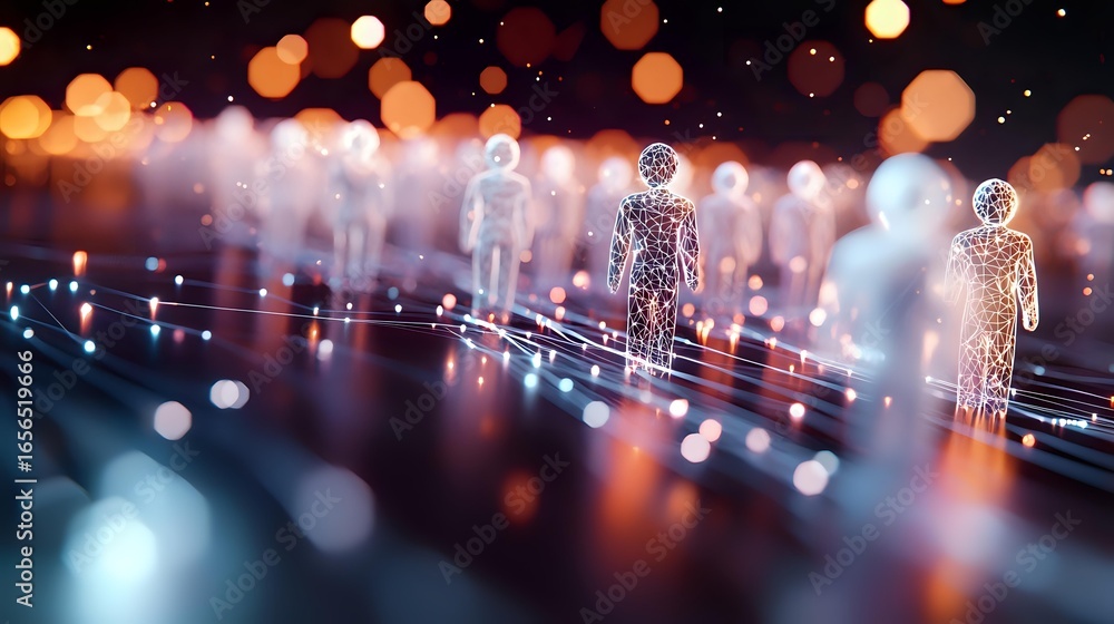 Poster glowing digital human figures connected by light streams on dark background with bokeh effect, repre