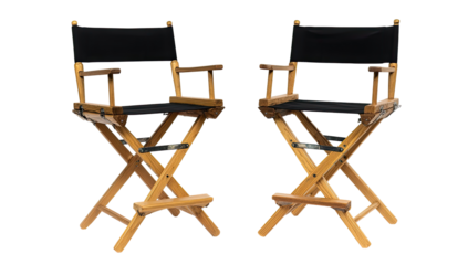 Two black canvas director's chairs, light brown wooden frame, studio setting