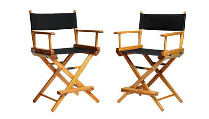 Two black canvas director's chairs on a dark background.  Each chair has a wooden frame,  a black canvas seat and back, and armrests.  The chairs are identical and arranged side-by-side