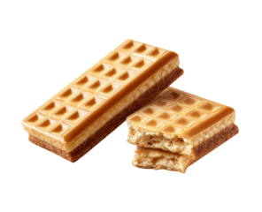 Two waffle bars, light golden brown, coated in a caramel-like glaze.  The bars are layered with a light filling. One bar is broken in half, showing the interior
