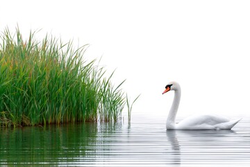 Obraz premium White swan swimming on lake with green reeds in background